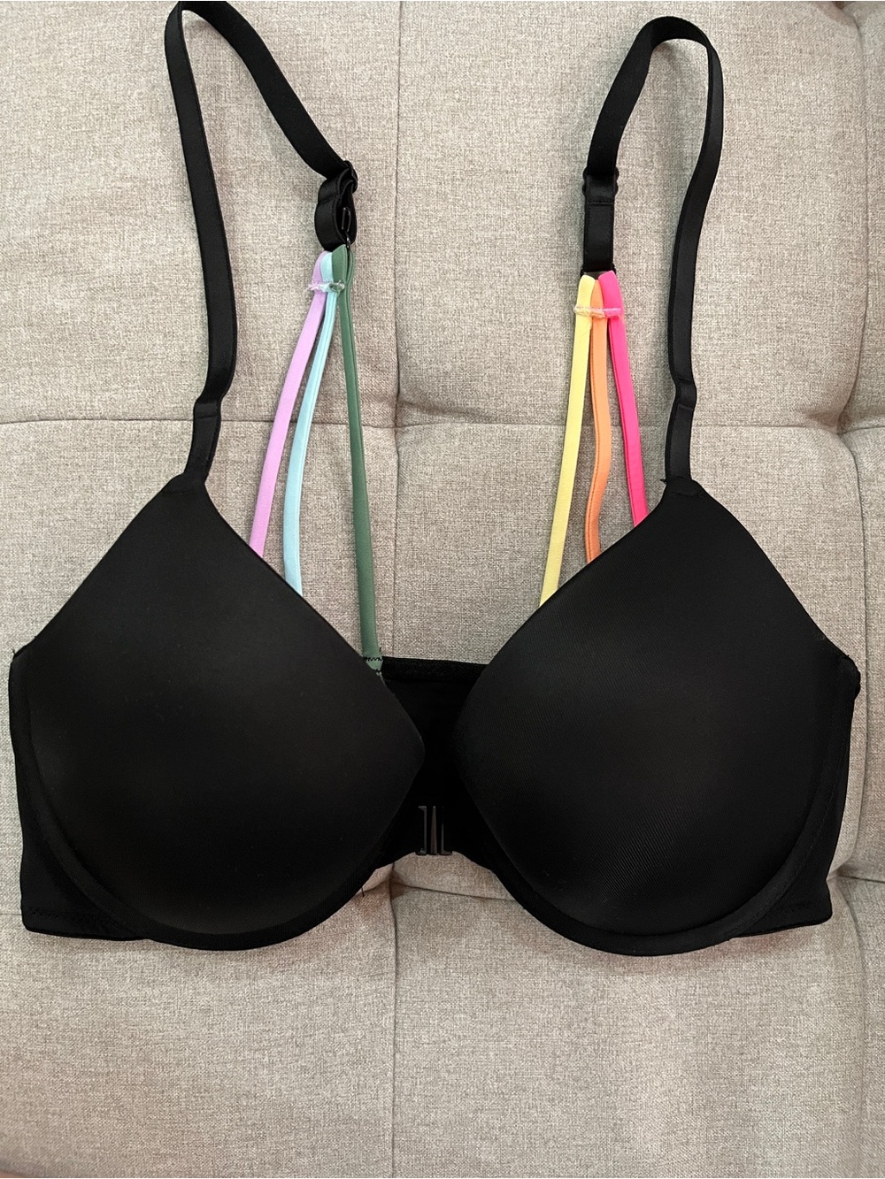 Victoria's Secret Pink- Black T-Shirt Bra with Rainbow Accent Straps